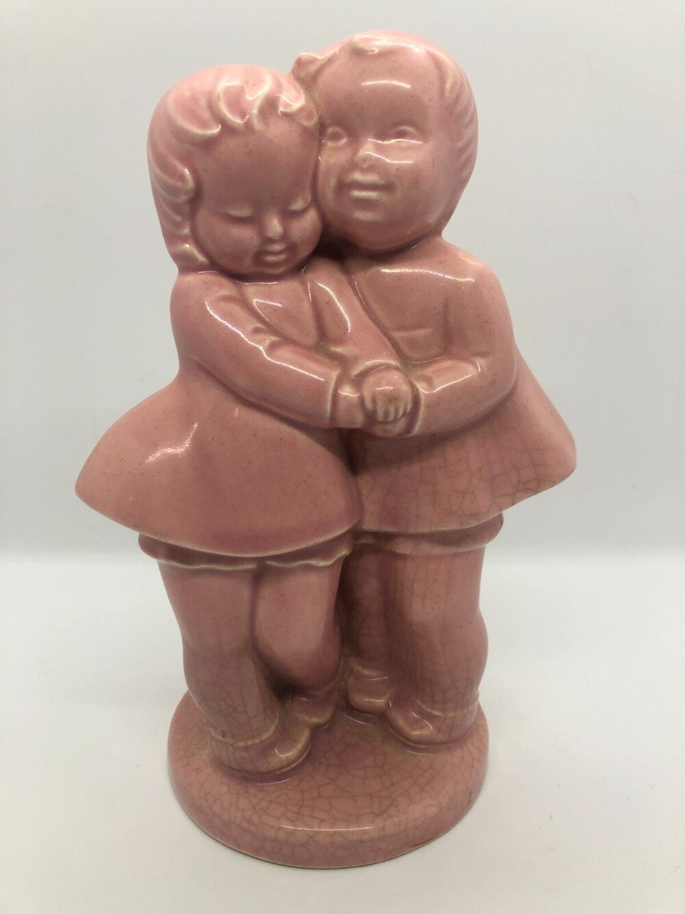 Vintage Retro MCM Pink Tree Stump Heart Hugging Boy Girl Shawnee Pottery Vase